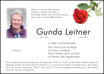 Traueranzeige von Gunda Leitner von Pegnitz-Zeitung